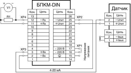 Схема подключения блока БПКМ исполнения DIN к датчику с выходным токовым сигналом 4…20 мА