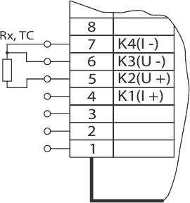 Схема подключения при измерении сопротивления(в том числе сигналов от термопреобразователей сопротивления)по трехпроводной схеме (исполнение DIN)