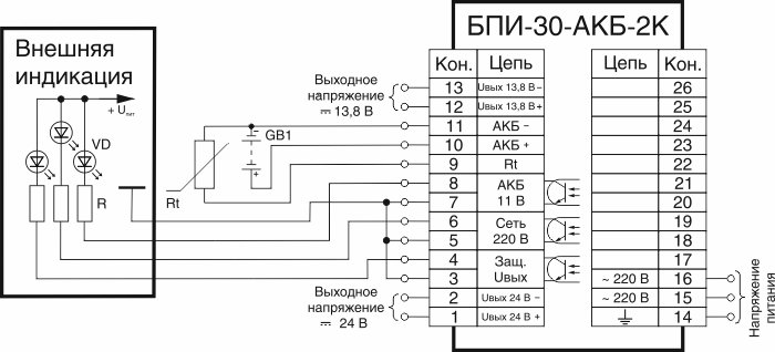 Электрические подключения БПИ-30-АКБ-2К (с подключением выходов оптопар к светодиодам)