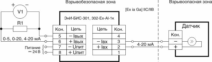 Электрические подключения ЭнИ-БИС-301, 302-Ex