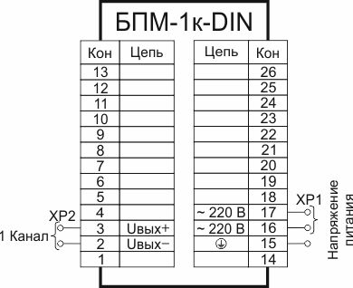 Схема подключения блоков БПМ-1к (120, 250, 500 мА), исполнение DIN