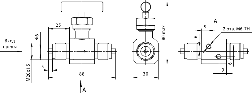Габаритные и присоединительные размеры блока клапанного КН-01