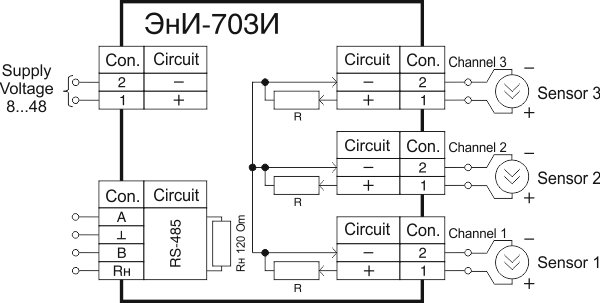 Scheme for connecting measuring channels to sensors with active current output