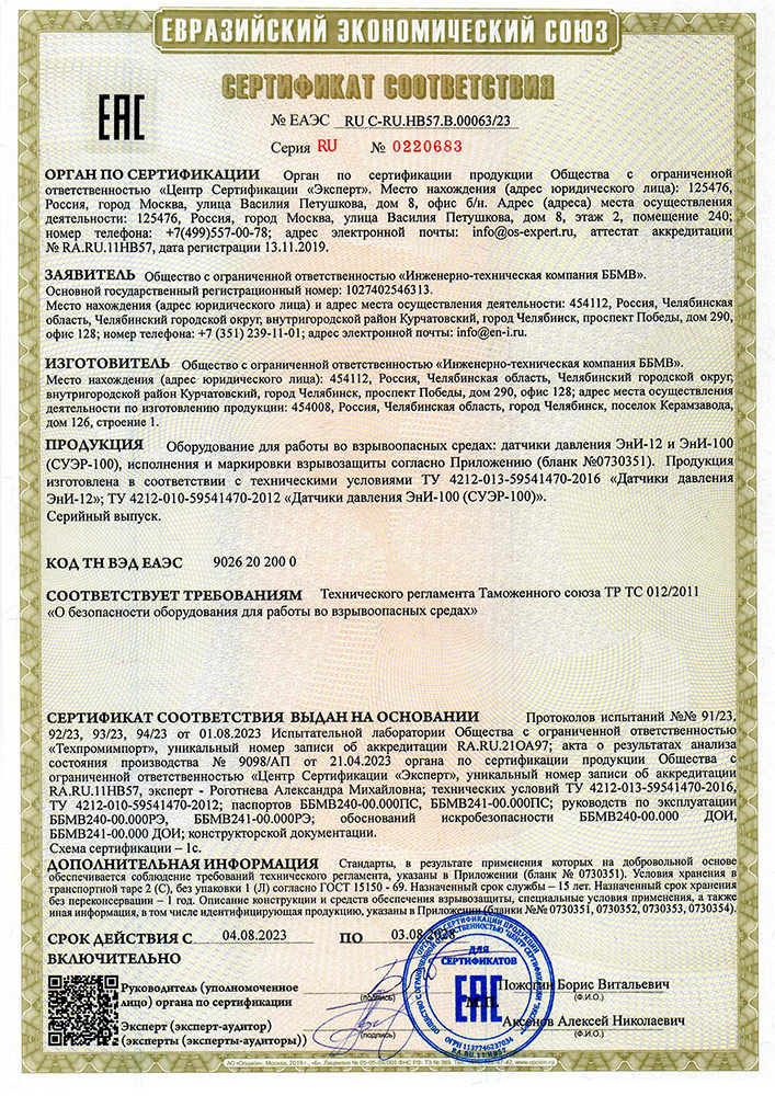 Датчики давления ЭнИ-100, ЭнИ-12: сертификат соответствия ТР ТС 012/2011 