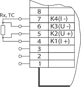 Схема подключения при измерении сопротивления (в том числе сигналов от термопреобразователей сопротивления) по четырехпроводной схеме (исполнение DIN)
