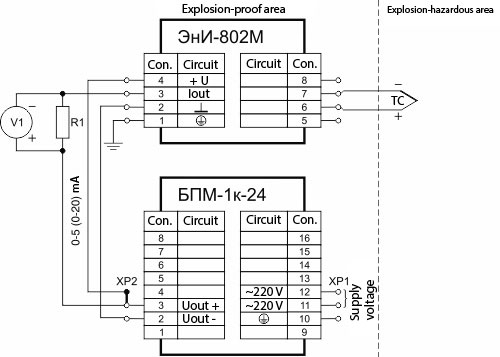 Converter connection diagram to the thermal couple with output current signals 0...20 mA and 0....5 mA