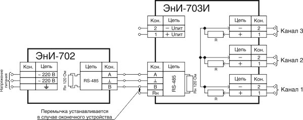 Схема подключения по интерфейсу RS-485 к панели индикации ЭнИ-702