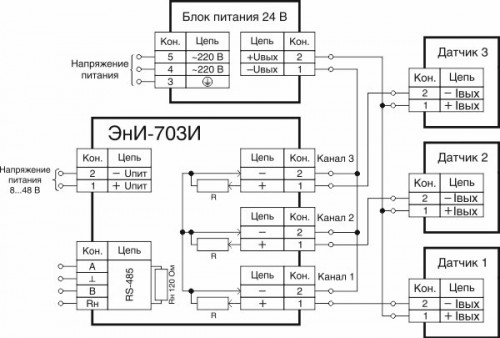 Схема подключения каналов измерения ЭнИ-703И к датчикам с пассивным токовым выходом